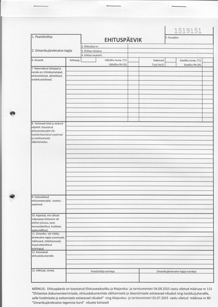 Ehtitustööde päeviku näidis